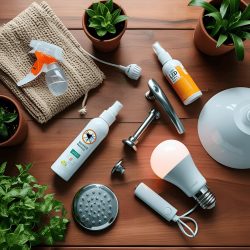 Top-down view of potted plant, gardening gloves, and small tools on a wooden table (2)